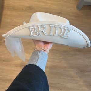 Ivory 'BRIDE' Pearl Embellished Western Hat with Veil